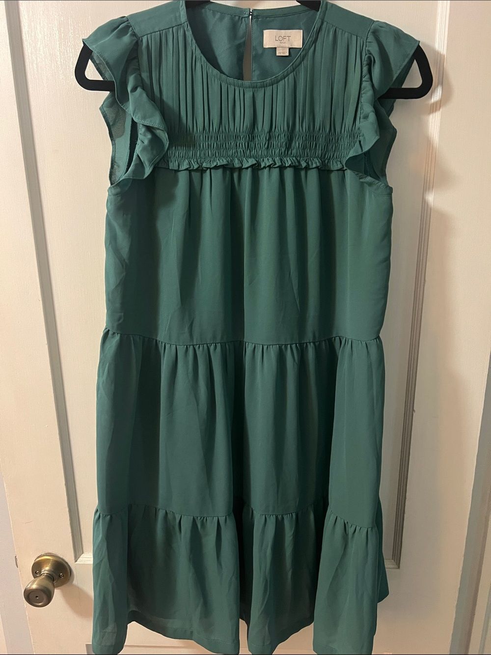 LOFT Teal Tiered Midi Dress with Ruffle Sleeves Sz XS